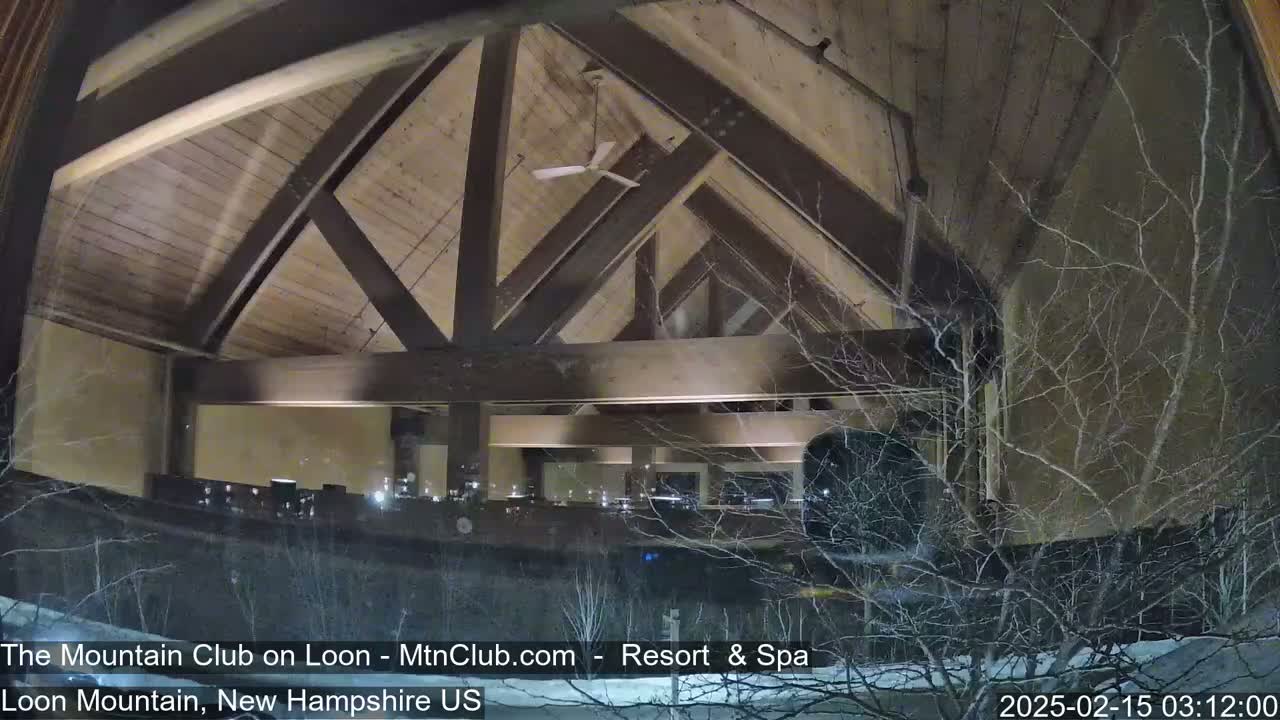 A nighttime interior view of a building with a high, wood-beamed ceiling and a ceiling fan, seen through a snow-covered window with bare branches in the foreground.