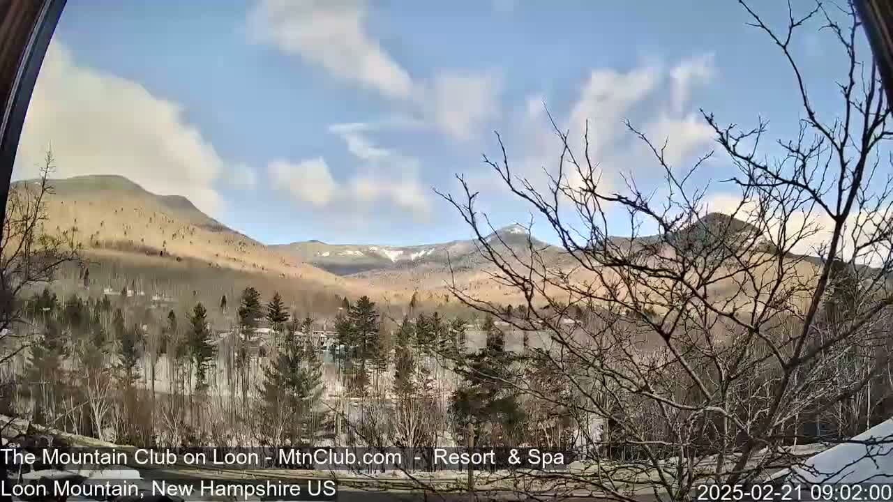 A partly cloudy, wintery scene shows snow-dusted mountains in the distance, viewed through bare, snow-covered branches of trees in the foreground.