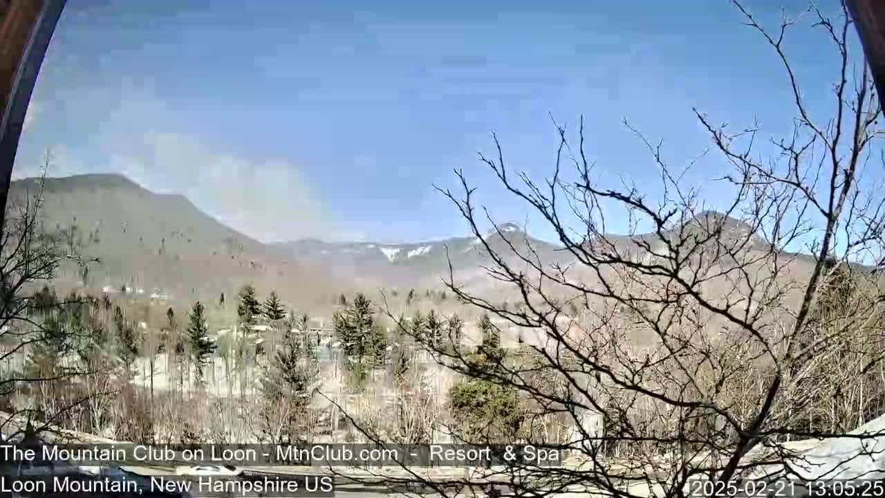 A hazy, sunny day reveals a distant mountain range partially covered in snow, viewed through bare branches of trees in the foreground.