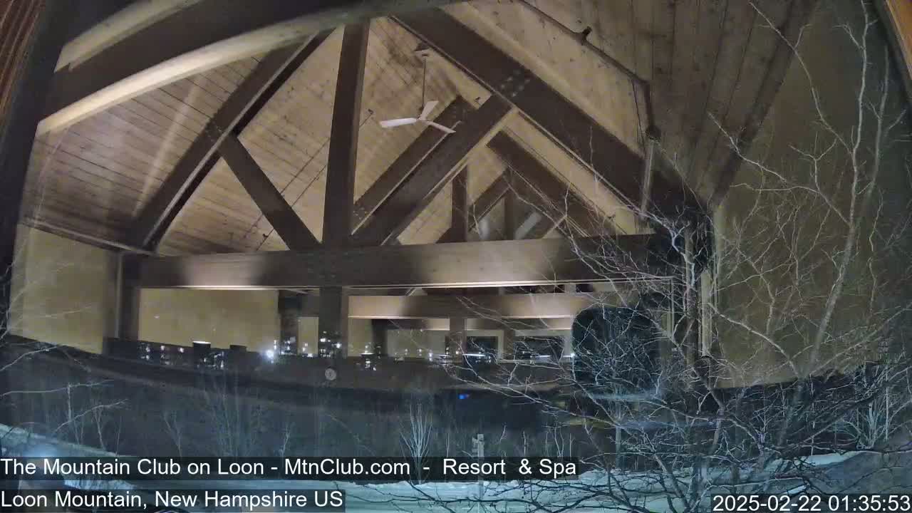 A nighttime view through a window shows a large, wood-beamed interior space with a ceiling fan, overlooking a snowy landscape with bare branches.