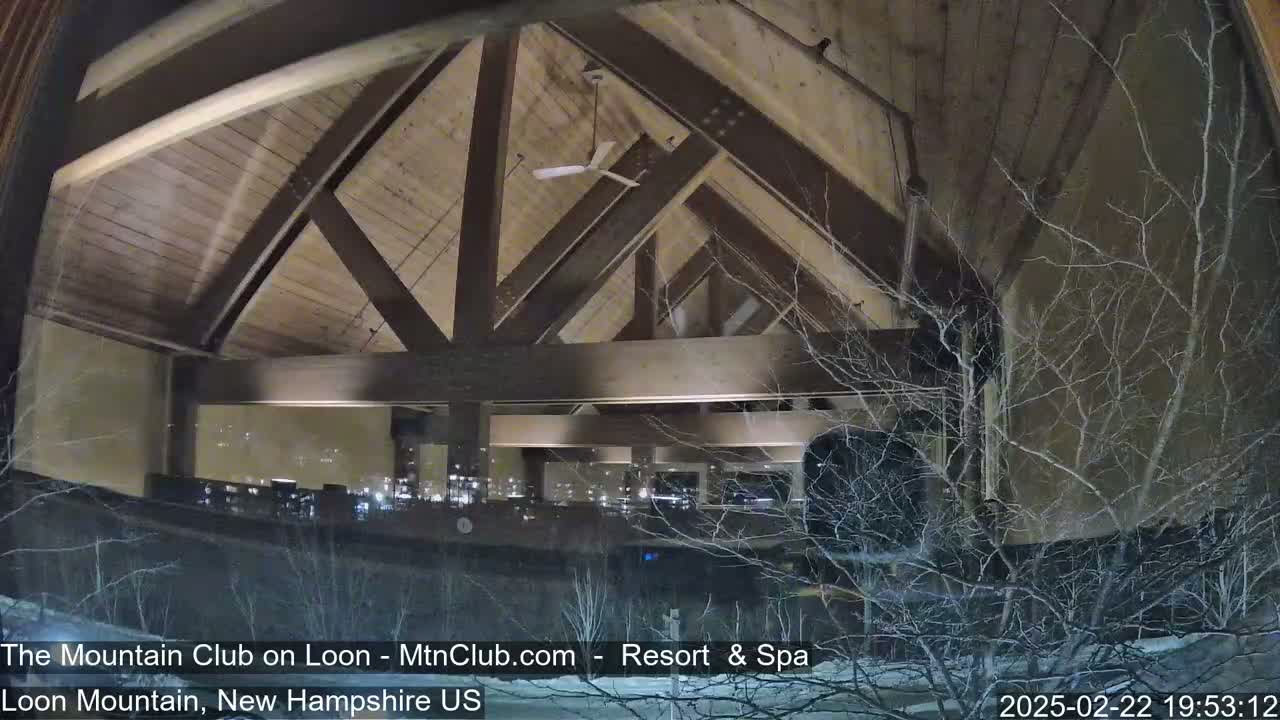 A nighttime view through a window shows a wooden-beamed ceiling with a ceiling fan, illuminated interior, and snow-covered bare branches outside.