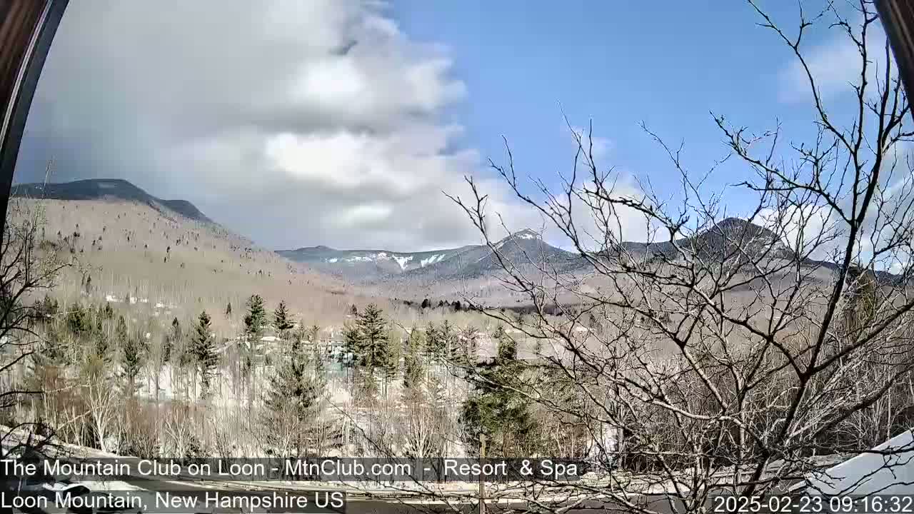 A partly cloudy day reveals a mountain range covered in patches of snow, viewed from behind bare trees and across a valley of leafless trees and buildings.