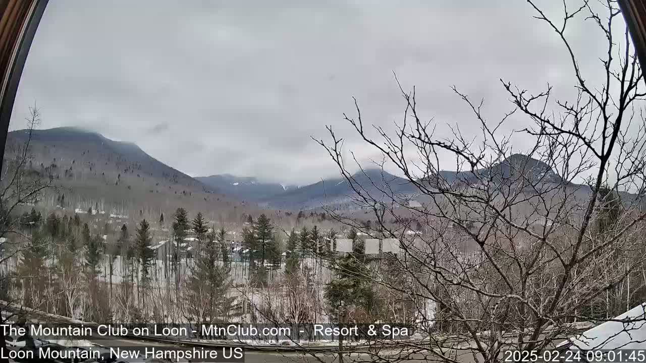 A view through a window shows snow-dusted mountains in the distance under an overcast sky, with bare trees and a hint of snow in the foreground.
