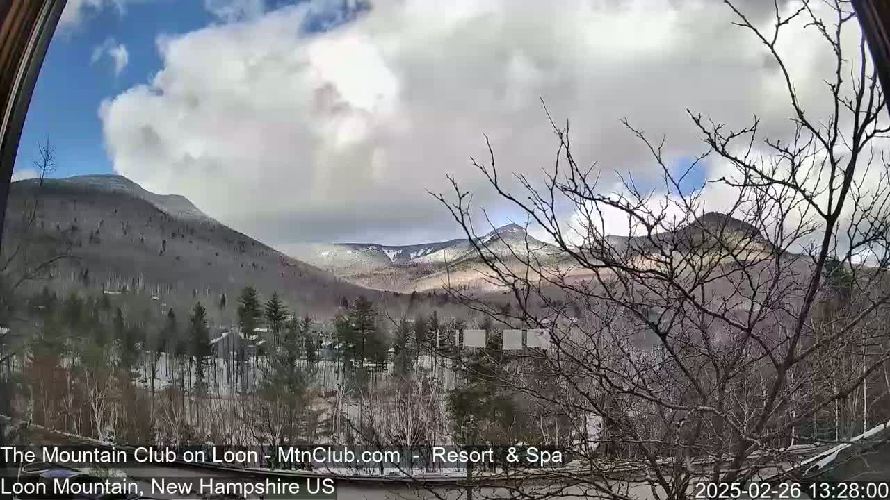 A partly cloudy day reveals snow-dusted mountains and leafless trees viewed through a window.
