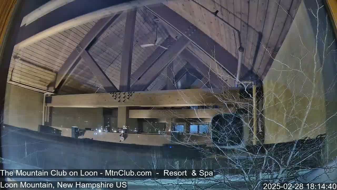 A nighttime view through a window shows the interior of a building with a wooden beamed ceiling and a snow-covered tree branch outside.