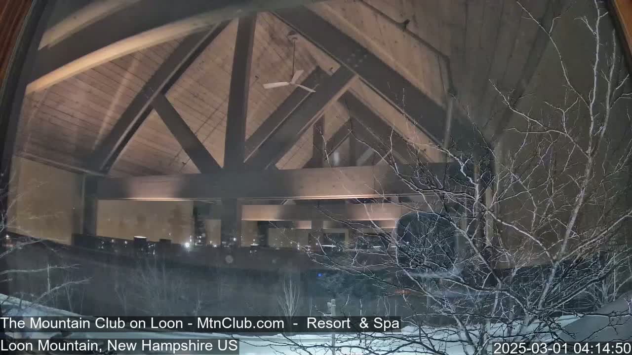 A nighttime view through a window shows the interior of a building with a high, beamed ceiling and a ceiling fan, with snow falling outside and bare branches visible.
