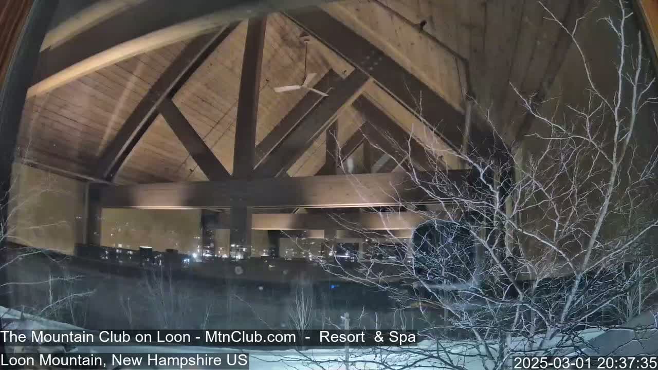 A nighttime view through a window shows a snow-covered landscape with leafless branches, and inside, a large, wood-beamed room with a ceiling fan.