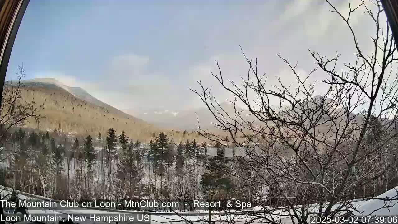 A partly cloudy, snowy winter scene shows a mountain range in the distance, with bare trees and a light dusting of snow in the foreground.