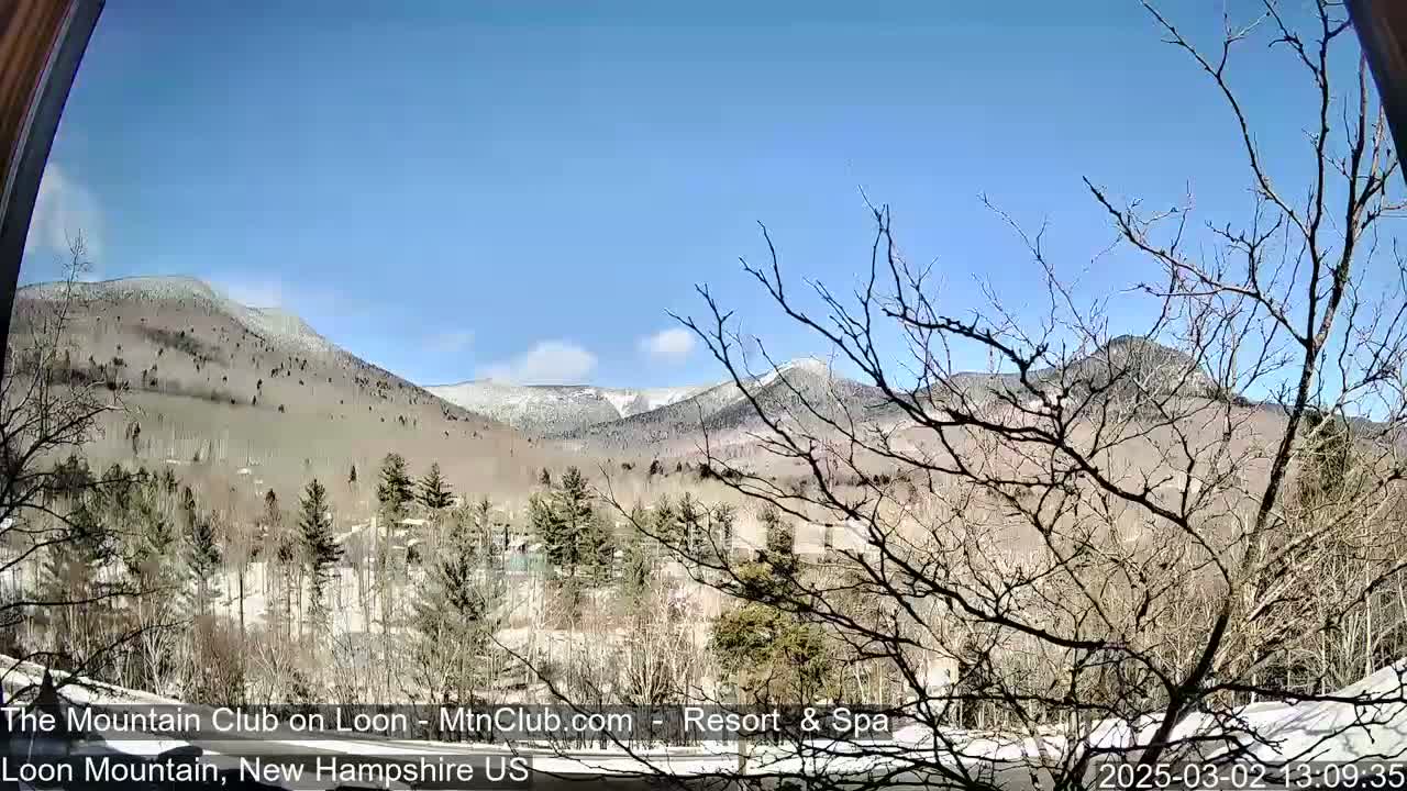 A sunny, snow-dusted mountain range is viewed through bare branches of a tree, with some snow visible on the ground in the foreground.