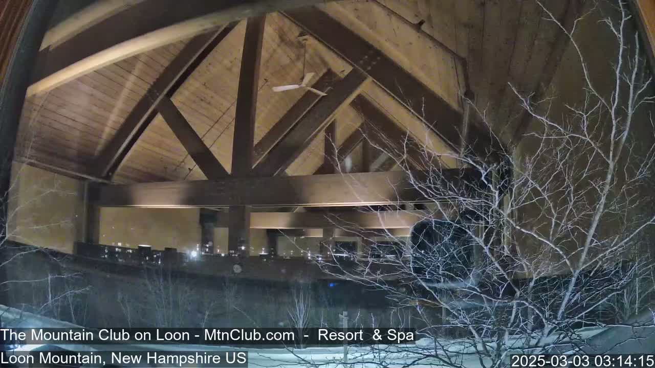 A nighttime view through a window shows a snow-covered landscape with bare branches of trees and a high-ceilinged interior space with exposed wooden beams.
