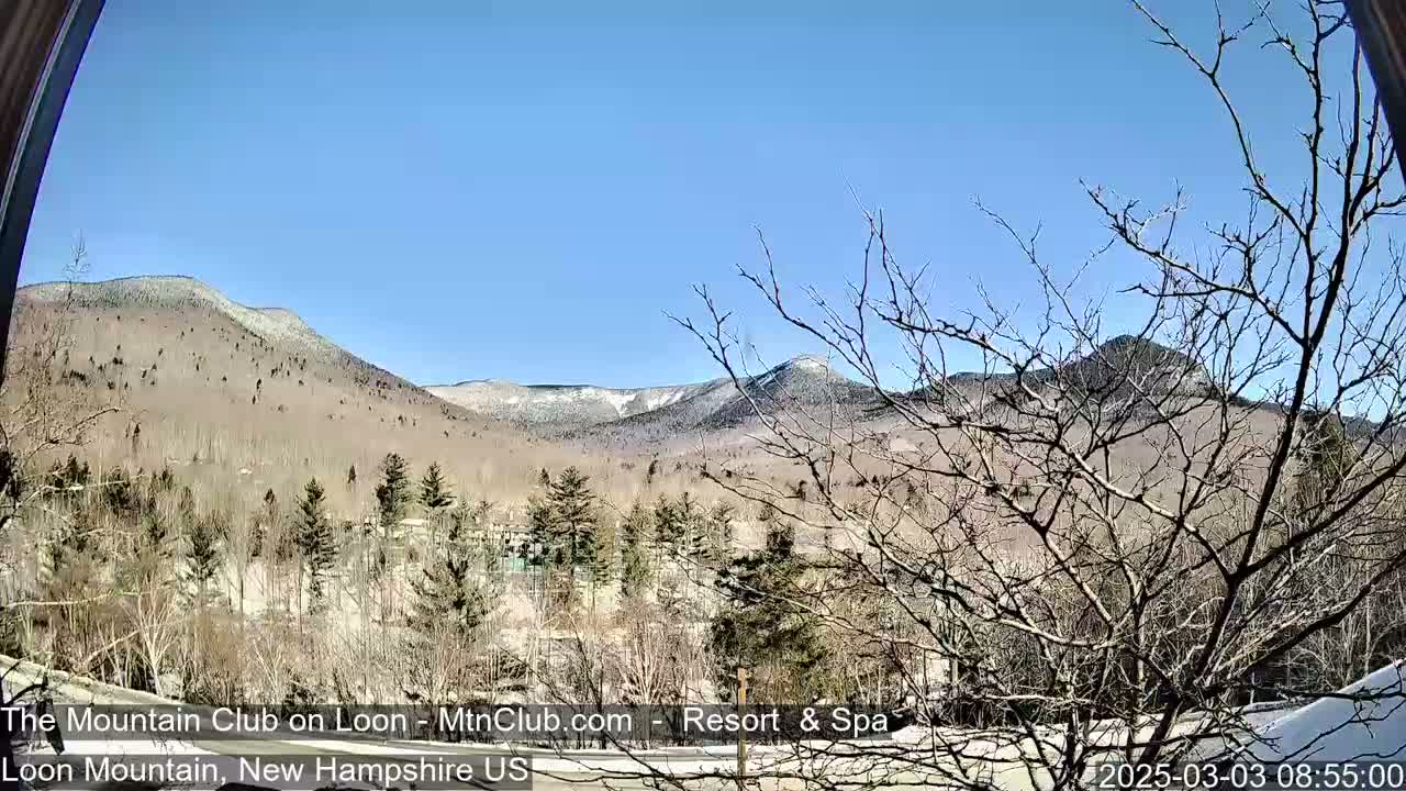 A clear, sunny day reveals snow-dusted mountains in the distance, with bare trees and a few evergreens in the foreground.