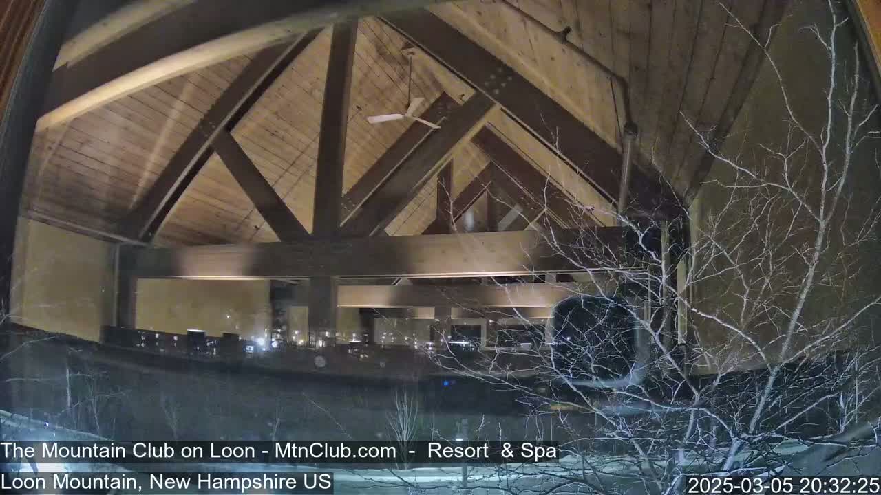 A nighttime view through a window shows a large, wood-beamed interior space with lights on, while outside, snow falls on bare branches.