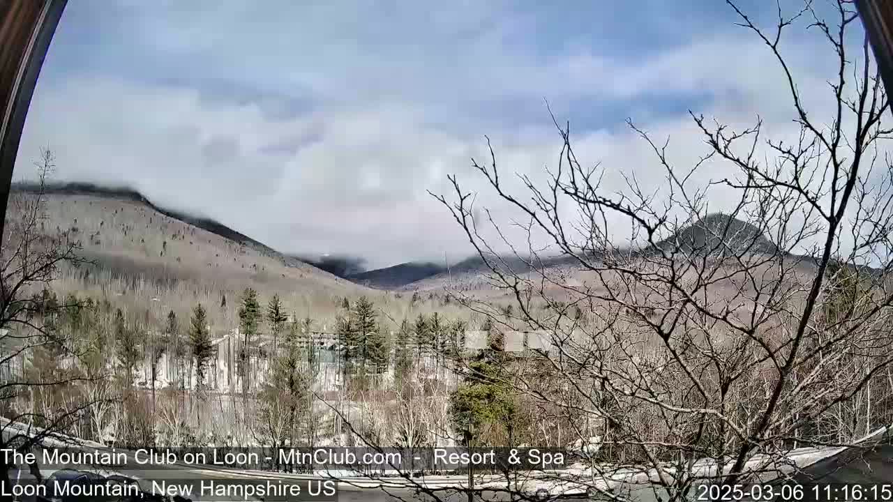 A partially cloudy day reveals mountains partially shrouded in fog, viewed from behind bare branches of trees.