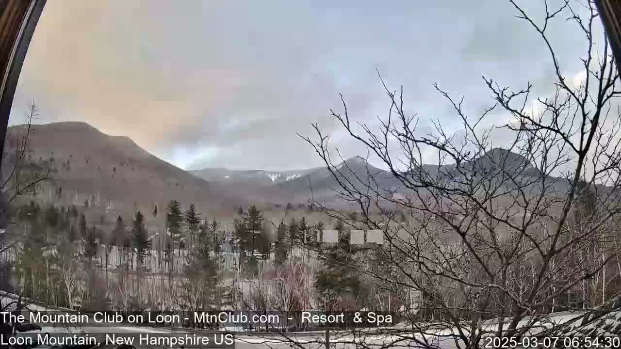 A view through a window shows snow-dusted mountains under an overcast sky, with bare trees in the foreground.
