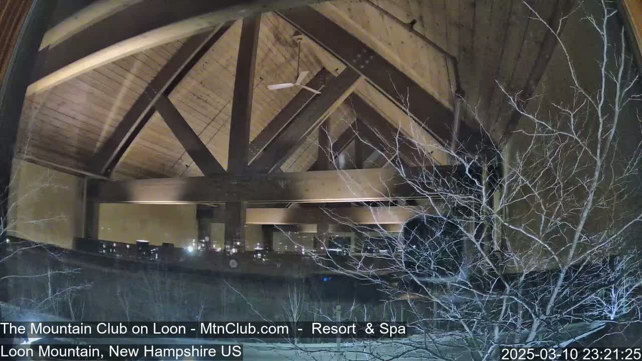 A nighttime view through a window shows a building's interior with a high, wood-beamed ceiling and a snow-covered tree outside.