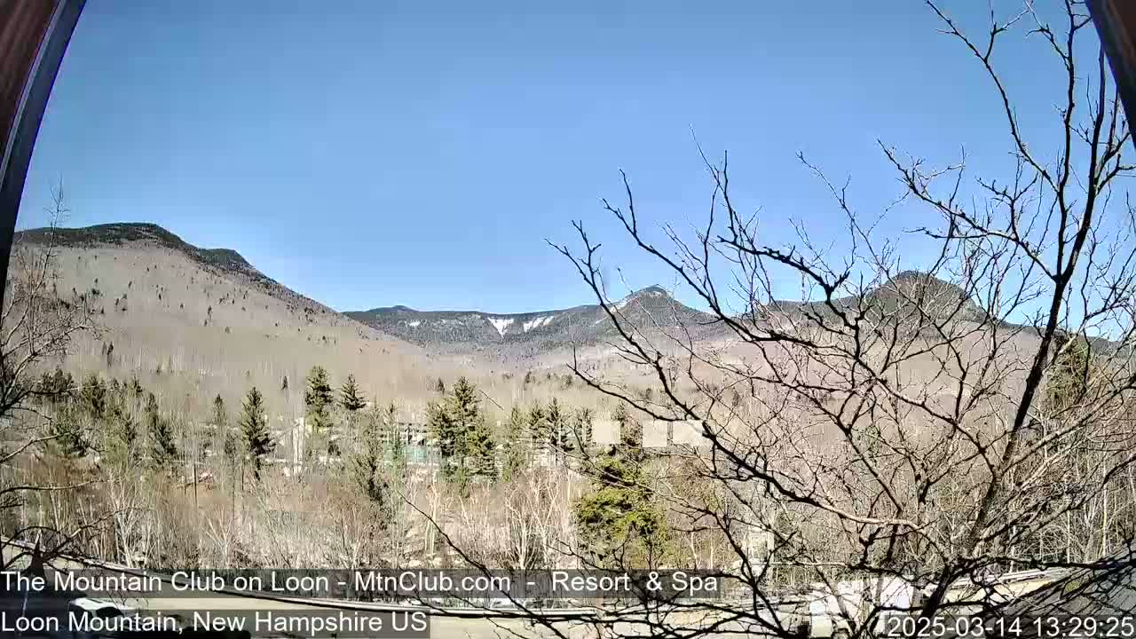 A clear, sunny day reveals a view of mountains partially covered in snow, framed by bare trees in the foreground.