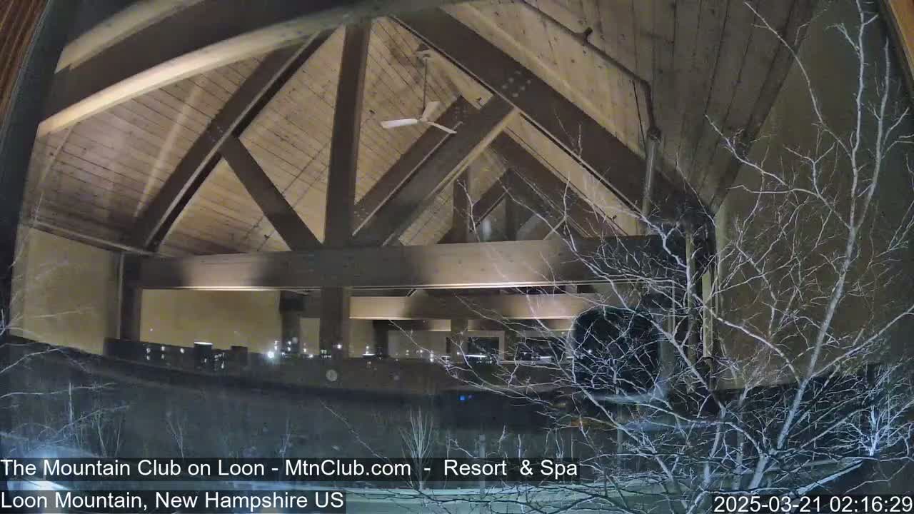 A snow-covered night scene shows a large, wood-beamed interior space viewed from outside through a window, with bare branches in the foreground.
