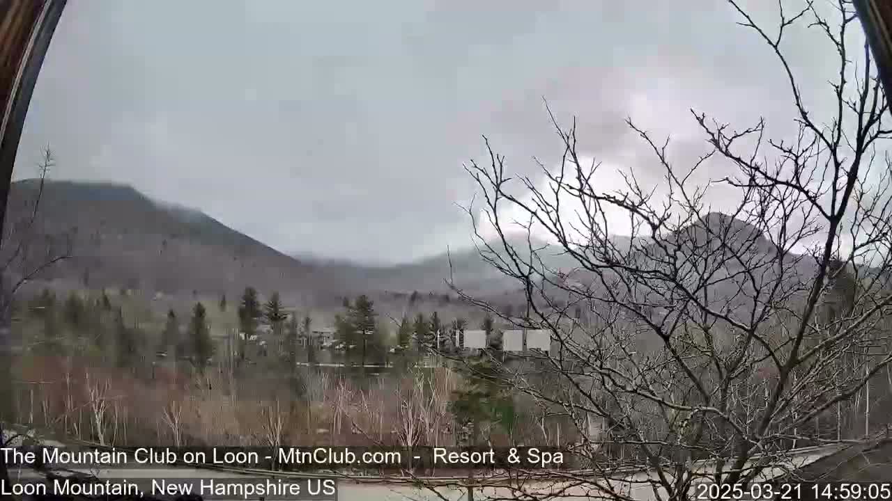 A view through a curved window shows a snow-covered mountain range under an overcast sky, with bare trees in the foreground.