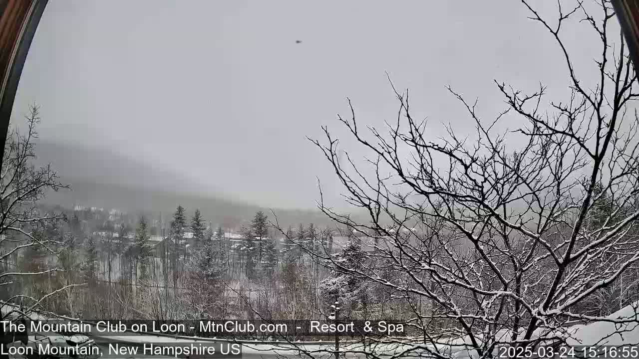 A snowy landscape is viewed from inside through a curved window, showing snow-covered trees and a distant mountain range under an overcast sky.