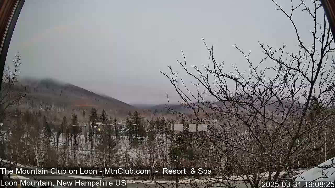 A snow-covered landscape is seen through a window, featuring a distant mountain shrouded in fog and bare trees in the foreground.