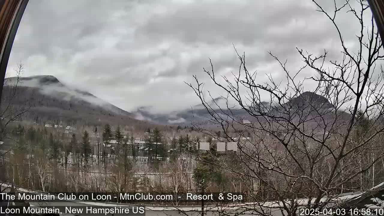 A view through a window shows a mostly cloudy sky over snow-dusted mountains and leafless trees.