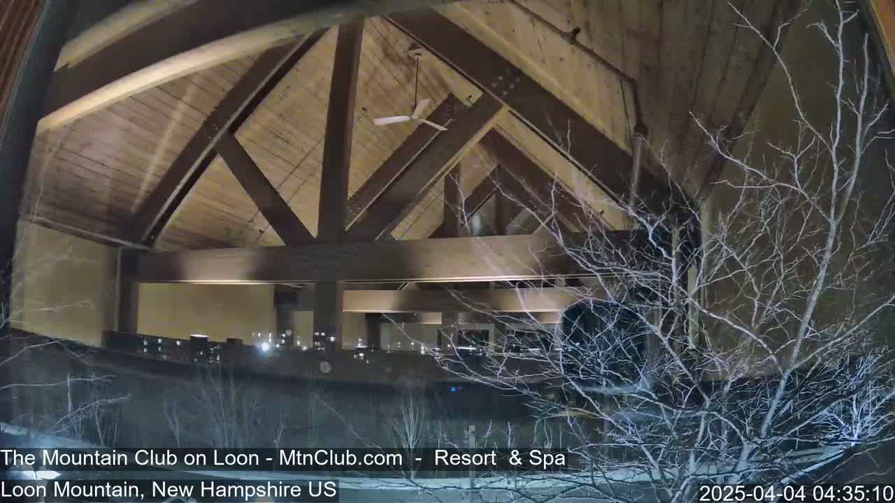 A nighttime interior view of a building's high-ceilinged interior space, partially visible through a window framed by snow-covered bare branches.