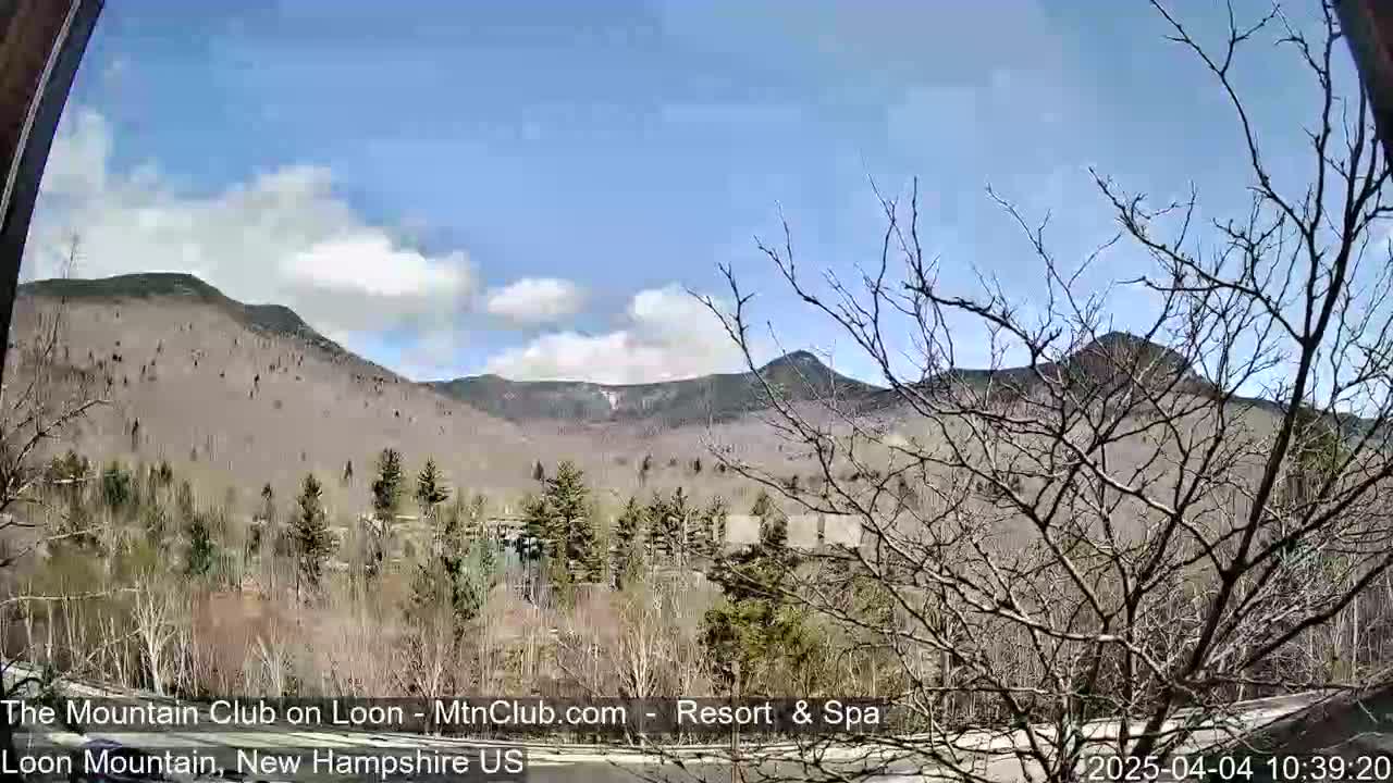 A partly cloudy blue sky overlooks a mountain range partially covered in bare trees, with some evergreens visible in the foreground.