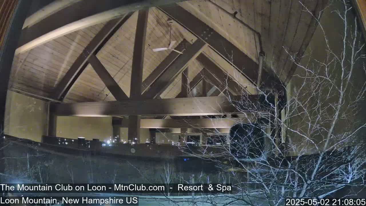 A nighttime view through a window shows a wooden interior structure with a ceiling fan and bare branches of a tree outside lightly dusted with snow.