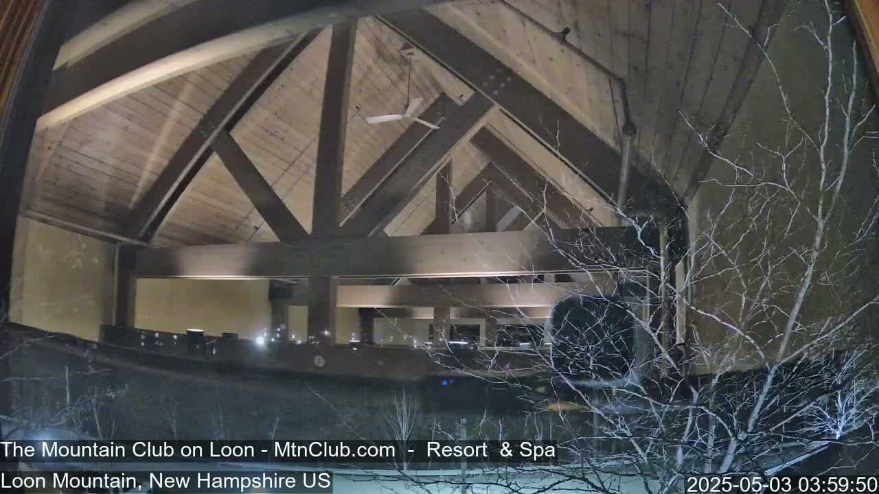 A nighttime view from inside a building shows a high, wood-beamed ceiling and bare branches of trees dusted with snow outside.