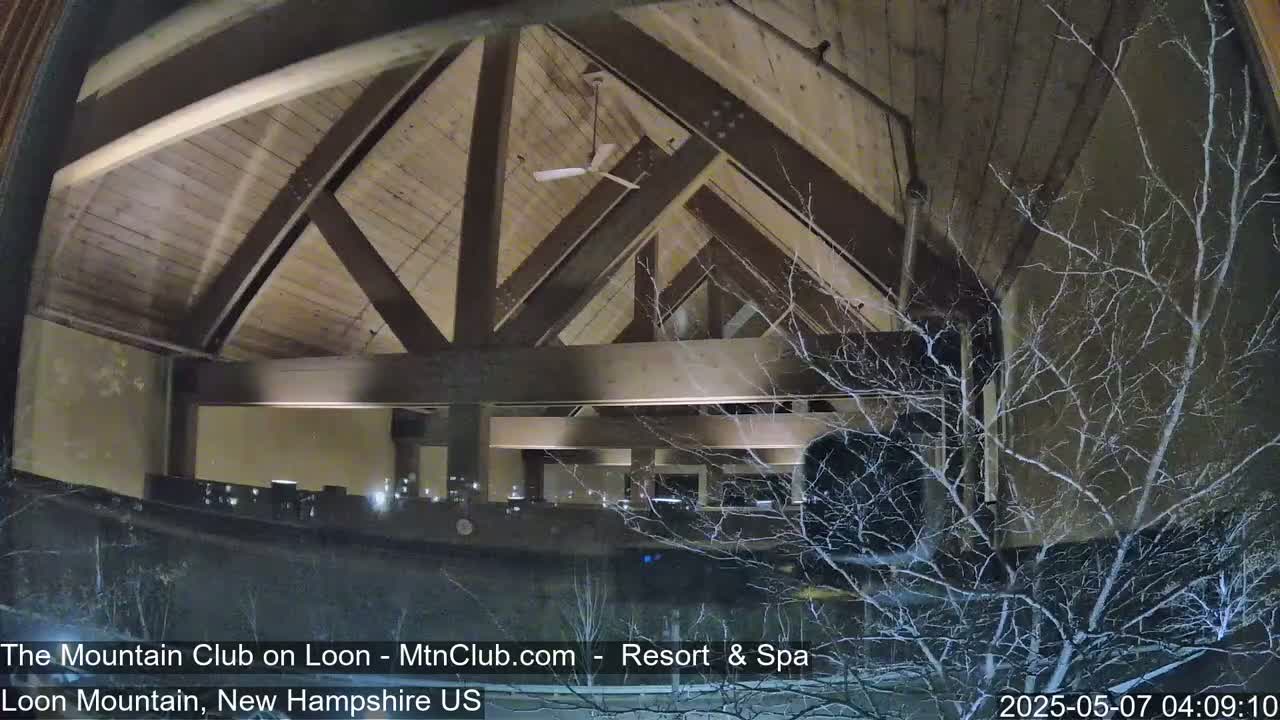 A nighttime view of a building's interior through a window, showing a high-ceilinged room with exposed wooden beams and a ceiling fan, partially obscured by bare, snow-dusted branches outside.