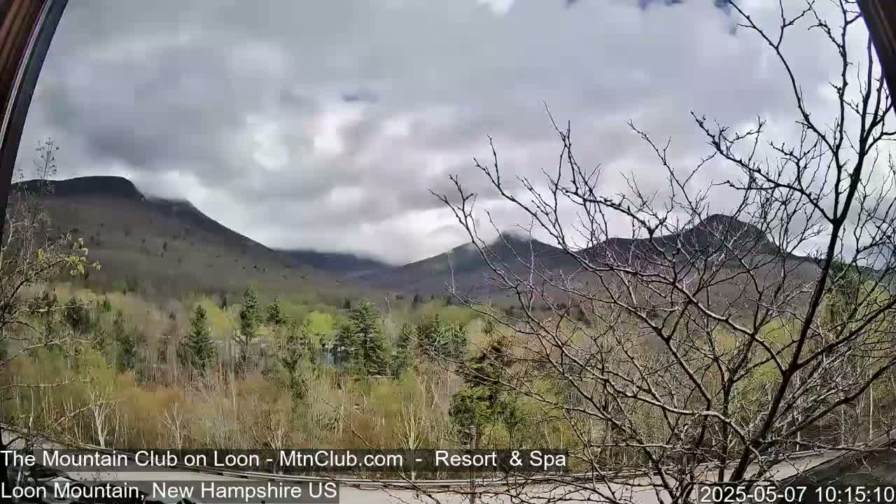 A view through a window shows partly cloudy skies over forested mountains and hillsides with some budding trees in the foreground.