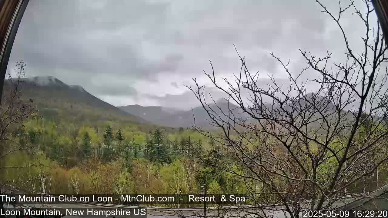 A view of misty mountains and a verdant valley is seen through a curved window on an overcast day.