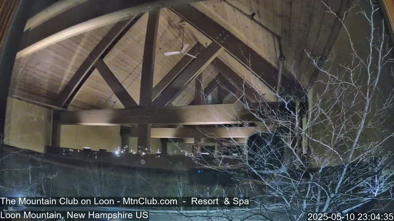 A nighttime view through a window shows a high-ceilinged interior space with exposed wooden beams and a ceiling fan, lightly snowing outside with bare branches visible.