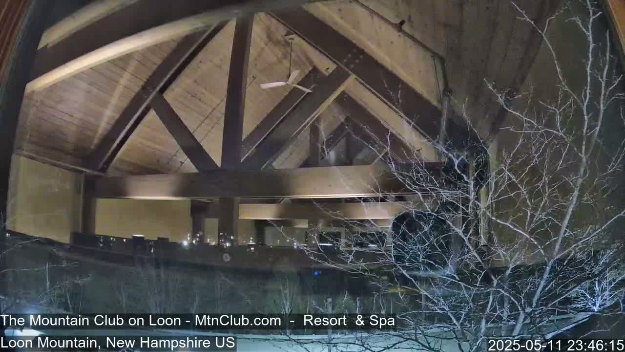 A nighttime view through a window shows a lodge's interior with a high, wood-beamed ceiling, a ceiling fan, and bare trees dusted with snow outside.