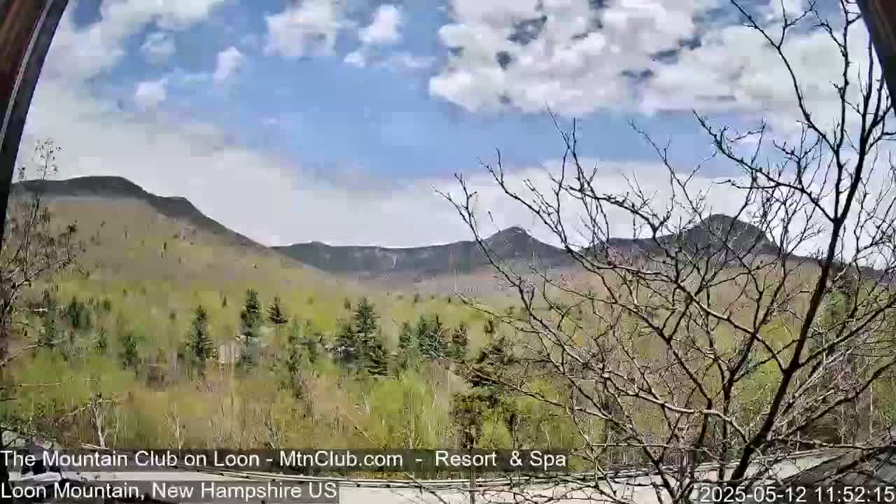 A partly cloudy day reveals a mountainous landscape with budding trees viewed from a window.