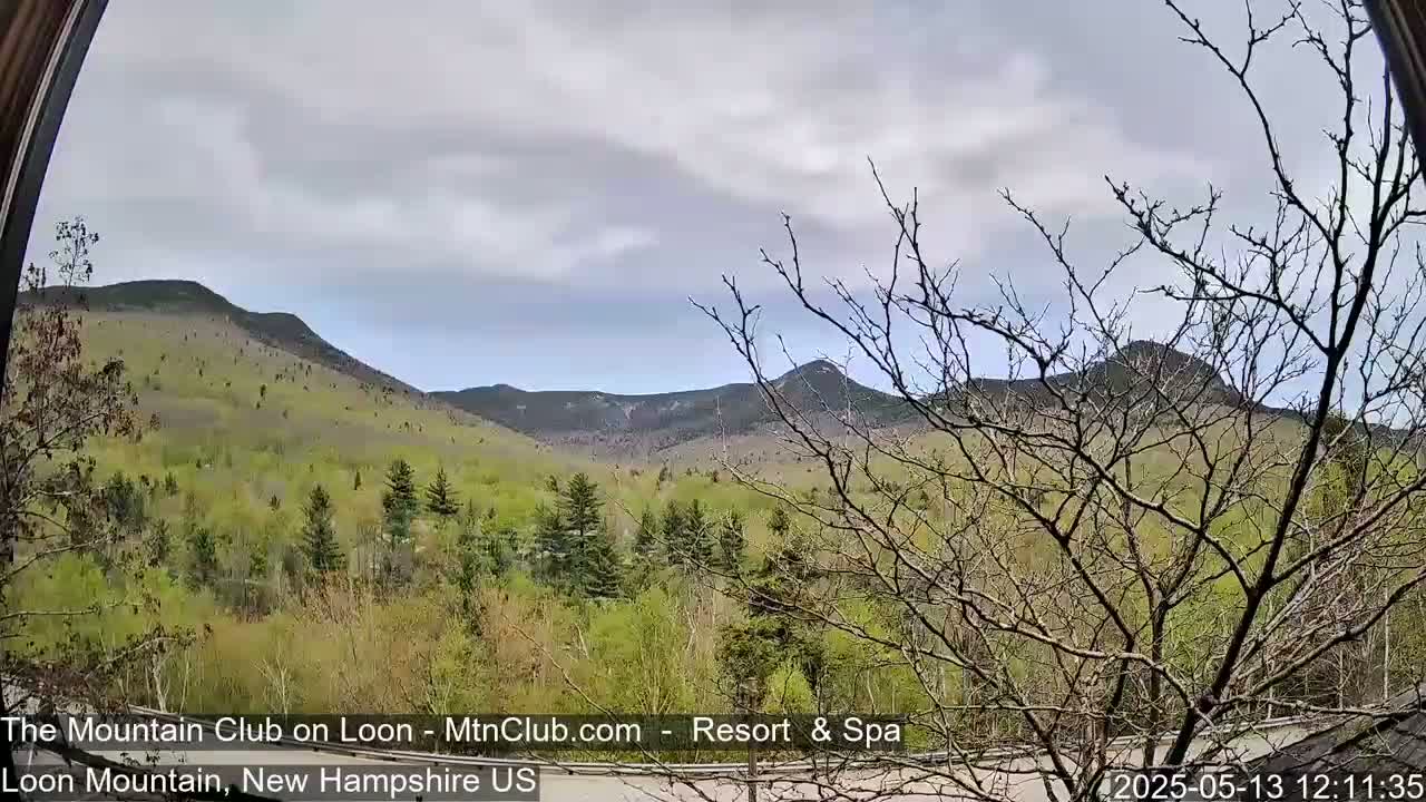 A view through an arched window shows a partly cloudy sky over green, spring-like mountains and trees.