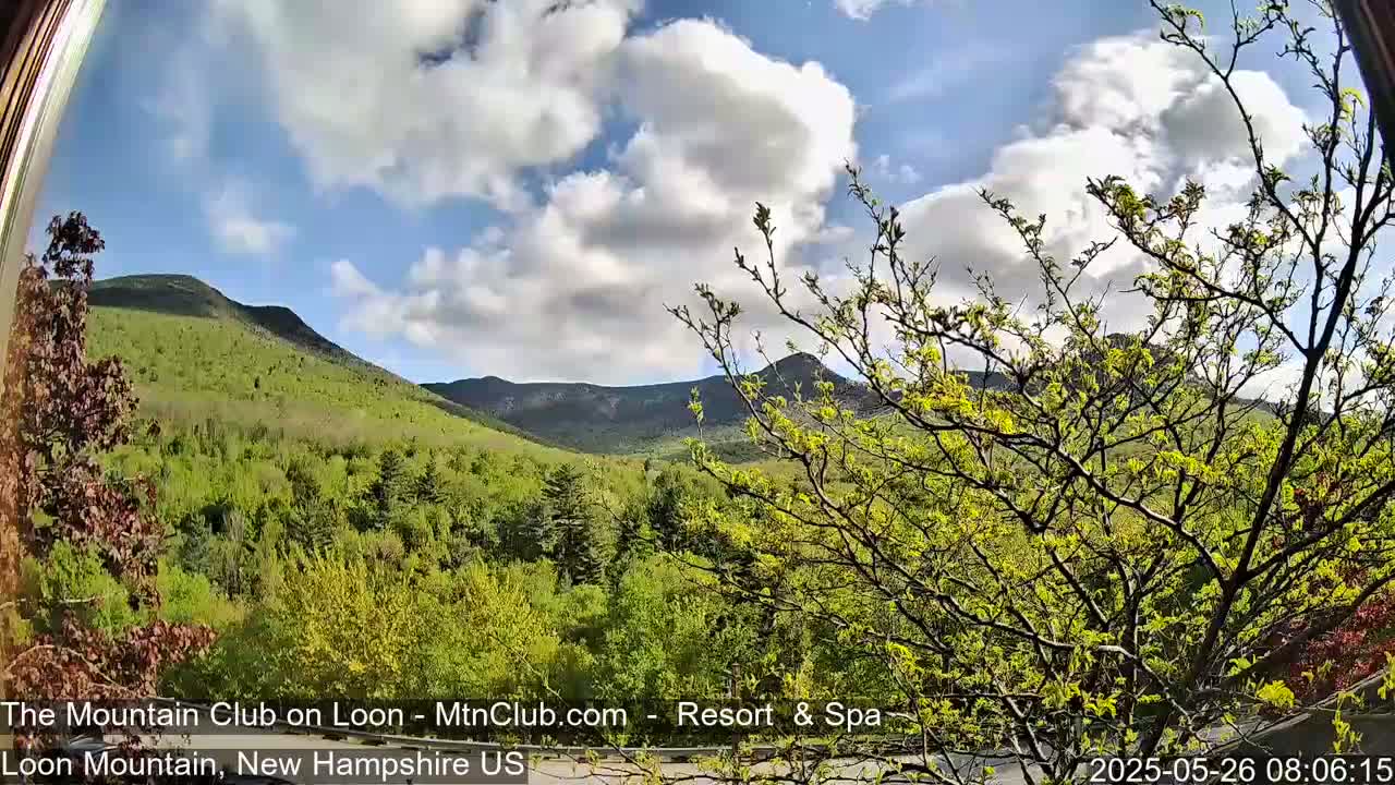 A partly cloudy sky overlooks lush green mountains and budding trees.