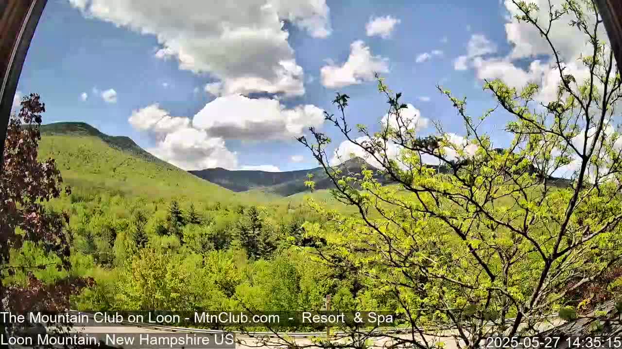 A partly sunny day reveals lush green mountains and trees under a partly cloudy sky.