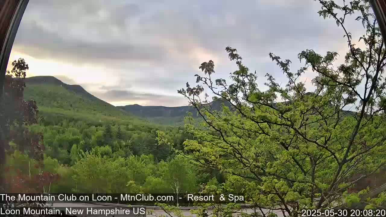 A view through a window shows a partly cloudy evening sky over lush green mountains and trees.