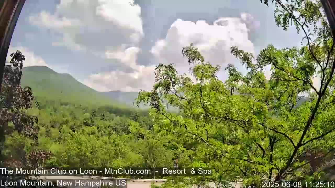 A partly cloudy sky overlooks a lush green mountain range and forest from a high vantage point.