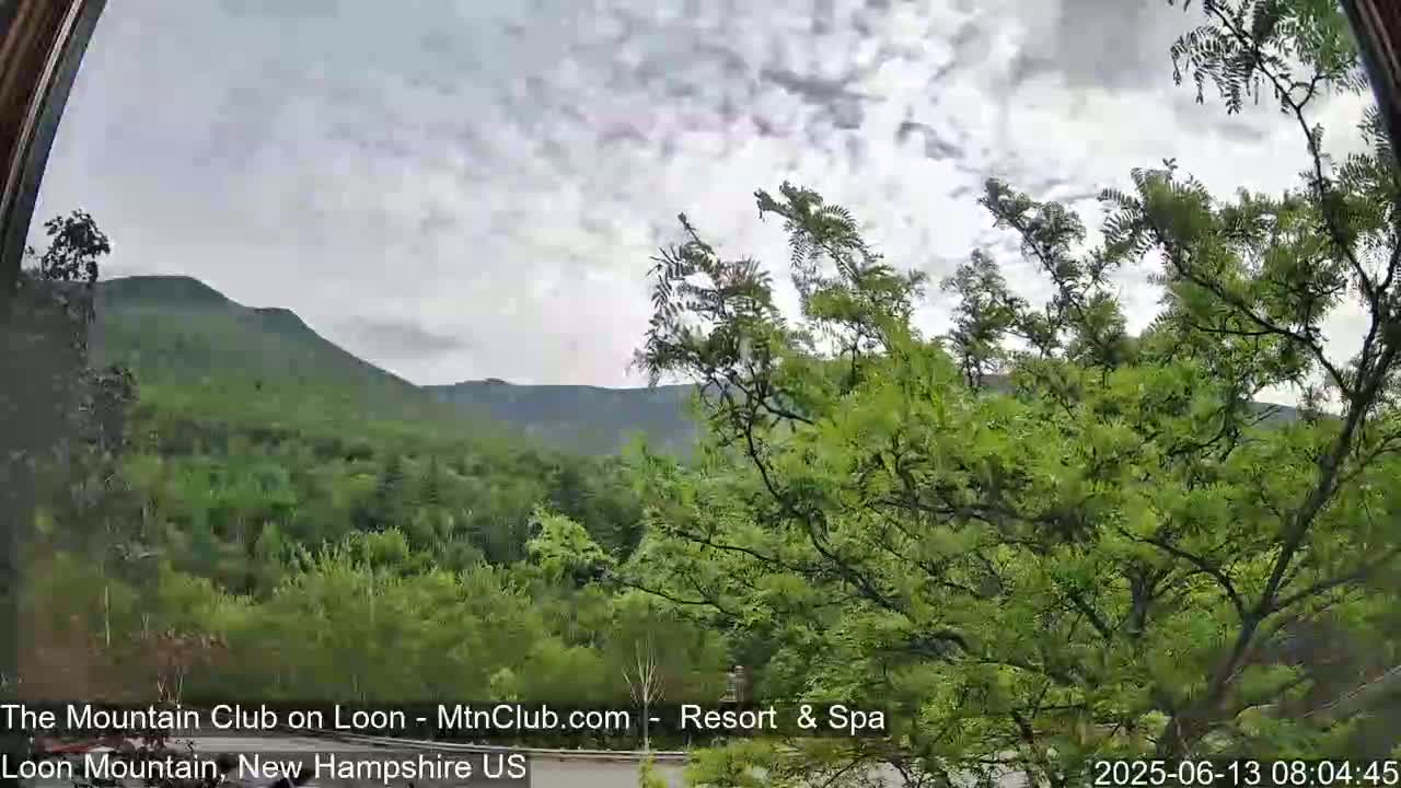 A view through a window shows a partly cloudy sky over a lush green mountainside and trees.