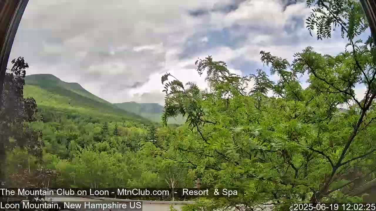 A view of green mountains and lush forest under a partly cloudy sky.
