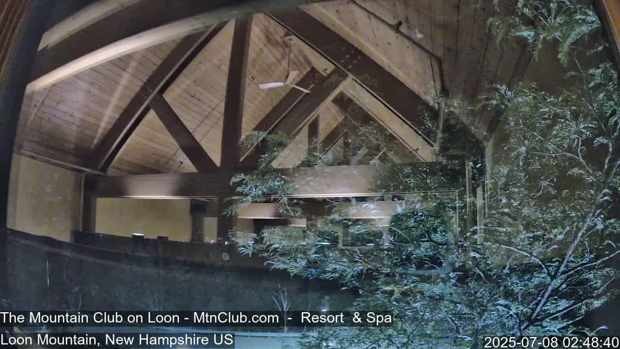 A nighttime view through a window shows a building's interior with a wooden, A-frame ceiling, lightly snowing outside.