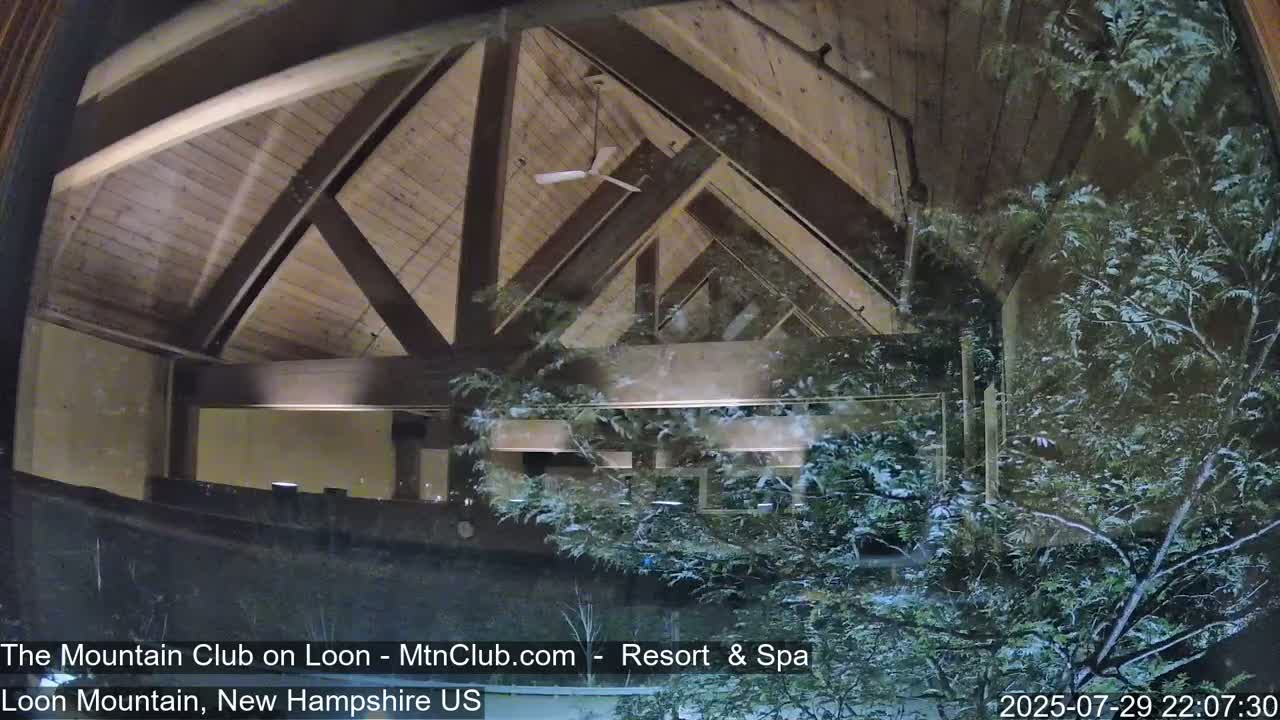 A view through a window shows a wooden-beamed interior ceiling and a snow-covered landscape outside at night.