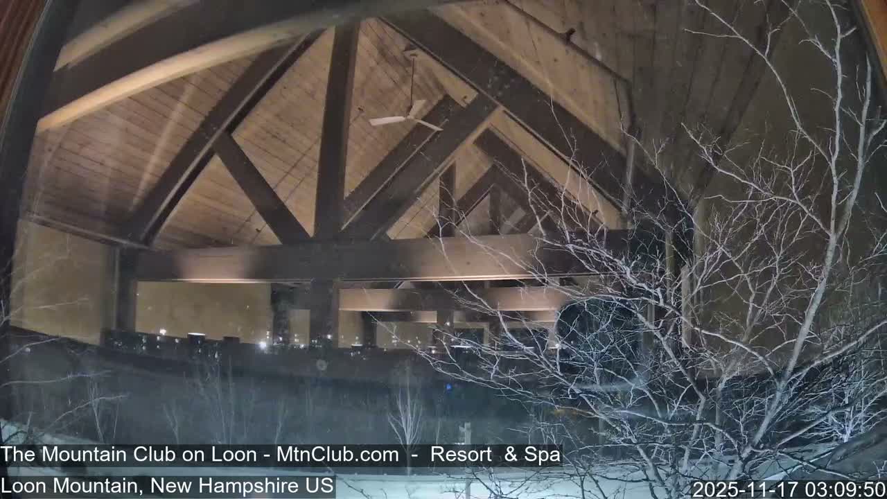 From inside a building with a vaulted wooden ceiling and exposed beams, a nighttime view reveals a snowy landscape with bare trees and distant lights, amidst falling snow.