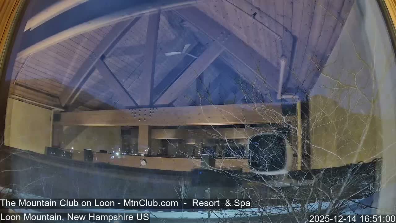 A view from inside a building reveals a vaulted wooden ceiling with exposed beams and a ceiling fan, looking out through a window to a prominent bare, snow-dusted tree and a snowy landscape with distant lights under dark, early morning conditions.