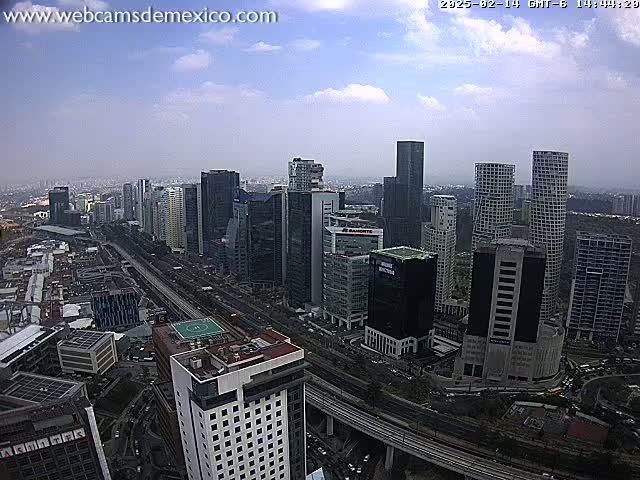A high-angle view of a city skyline under partly cloudy skies, showing numerous skyscrapers and a large highway below.