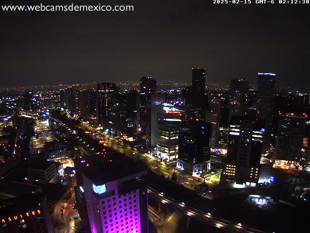 A nighttime, aerial view of a city skyline showing many illuminated skyscrapers and roadways.