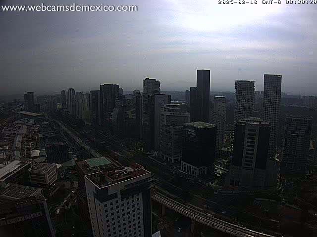 A high-angle, long shot of a city skyline on an overcast day, showing many tall buildings and a highway below.