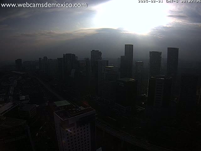 A hazy sunrise illuminates a cityscape of numerous dark-colored skyscrapers and surrounding buildings.
